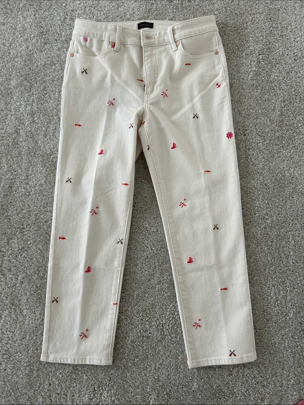 Talbots Cream Jeans Nautical pink orange embroidery straight crop Jean size 6